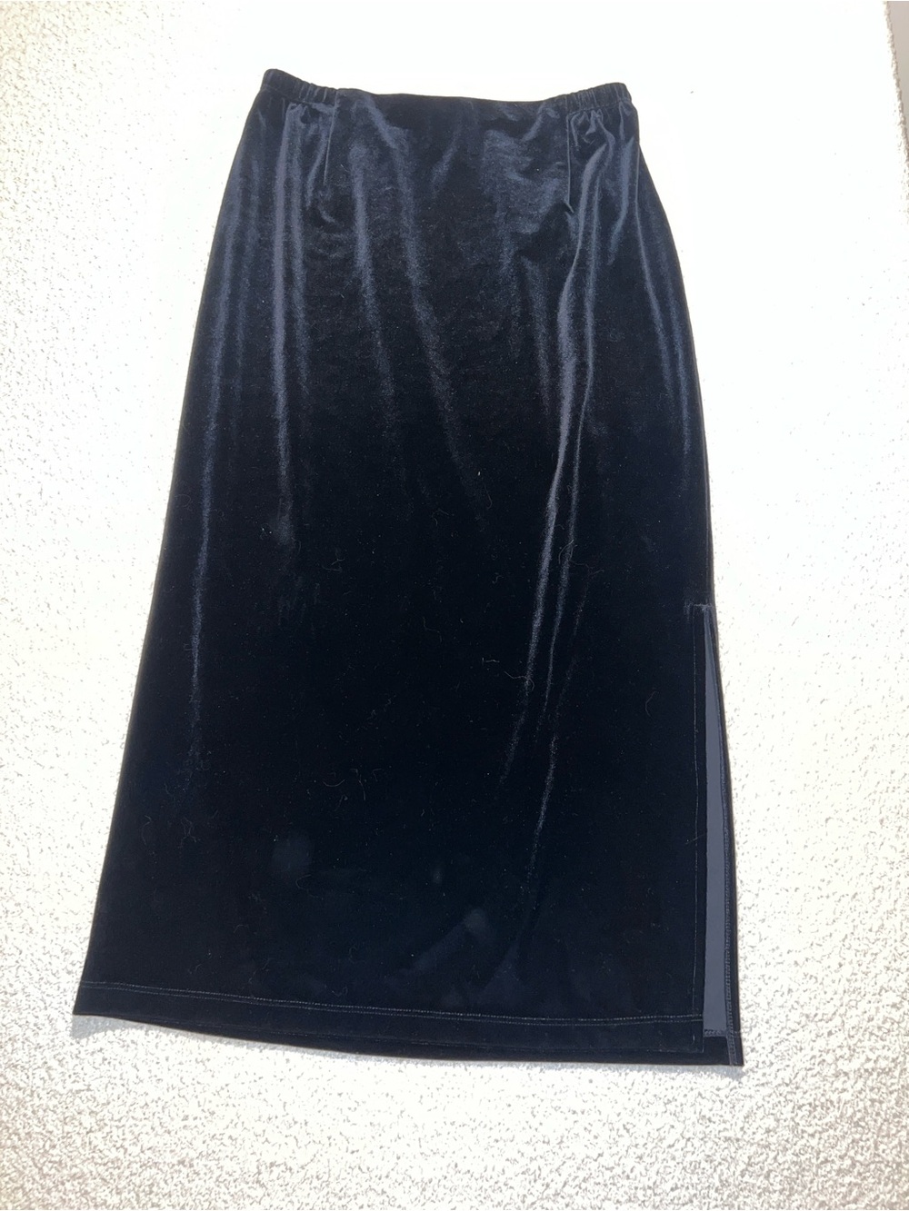 Chico's Black Elastic Velvet Midi Skirt with Side Slit Sz 2/Large